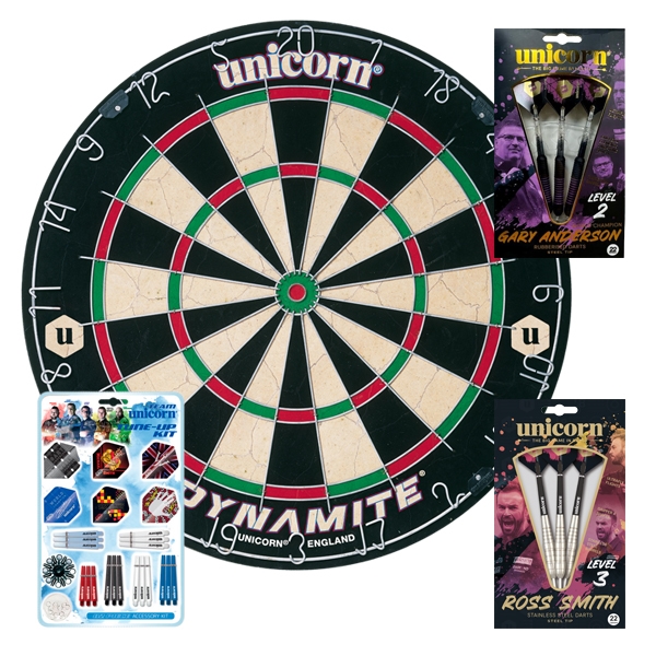 Unicorn Dynamite Startpakke (Dartskive, 2 sæt pile og tilbehør)